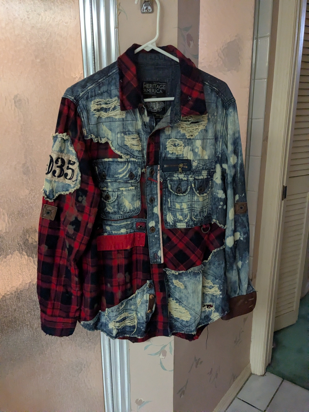 Heritage America Men’s Medium Red Plaid & Distressed Denim Button-Down Shirt